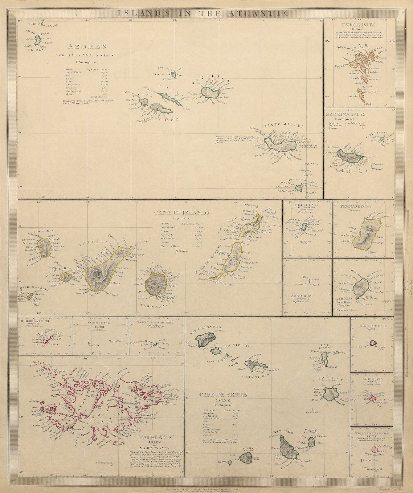 ATLANTIC ISLANDS.Azores Faeroes Madeira Canary Bermuda Falklands.SDUK 1844 map